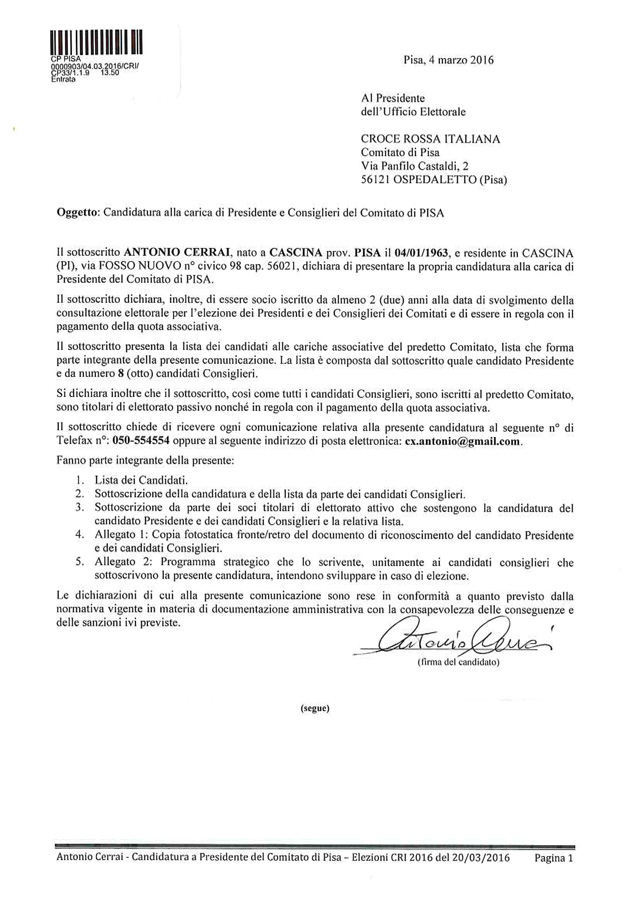 Presentazione Candidatura Cav.Uff.le Antonio CERRAI Elezioni C.R.I 2016 1 pagina