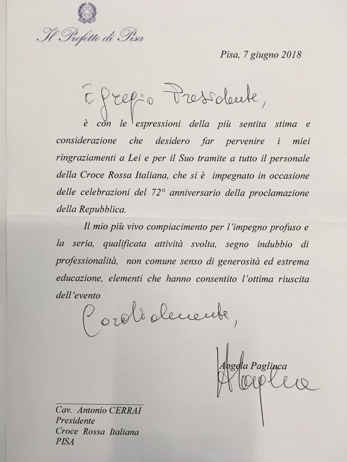 Prefetto di Pisa 14 giugno 2018